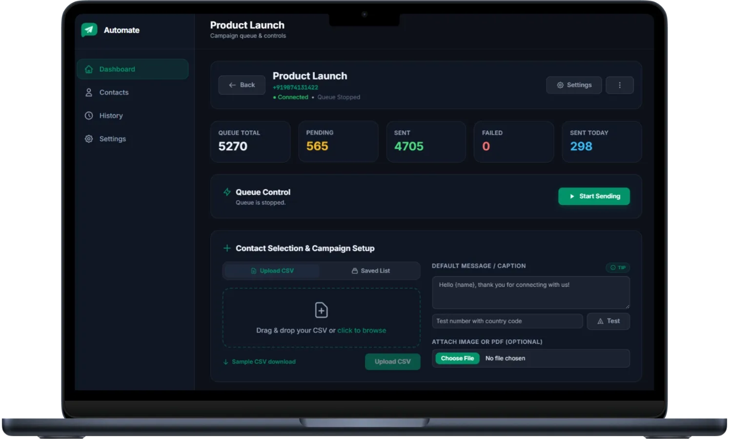 The Automate campaign screen on a laptop: the Product Launch queue showing 5,270 contacts queued, 565 pending, 4,705 sent and none failed, with queue controls, CSV contact upload, and the default message template.