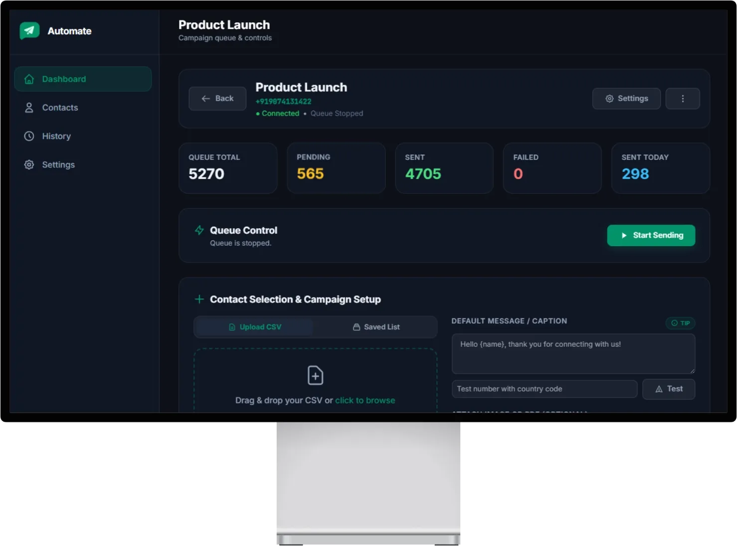 The Automate campaign screen on a desktop monitor: the Product Launch queue with 5,270 contacts queued, 565 pending, 4,705 sent and none failed, alongside queue controls and the CSV contact upload panel.